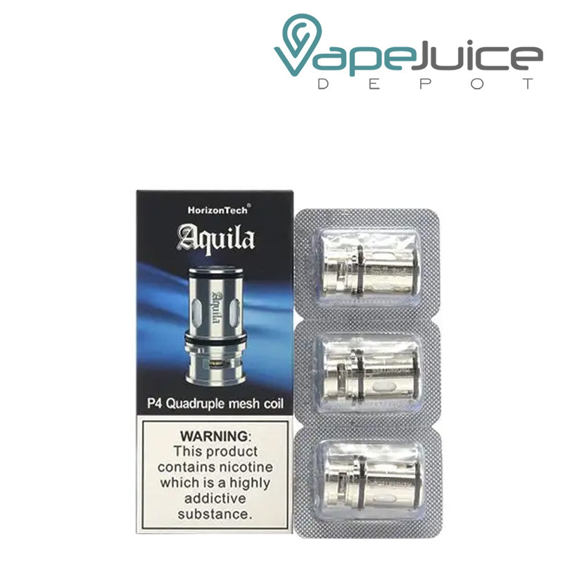 A box of HorizonTech Aquila P4 Quadruple Mesh Coil with a warning sign and a 3-pack next to it - Vape Juice Depot