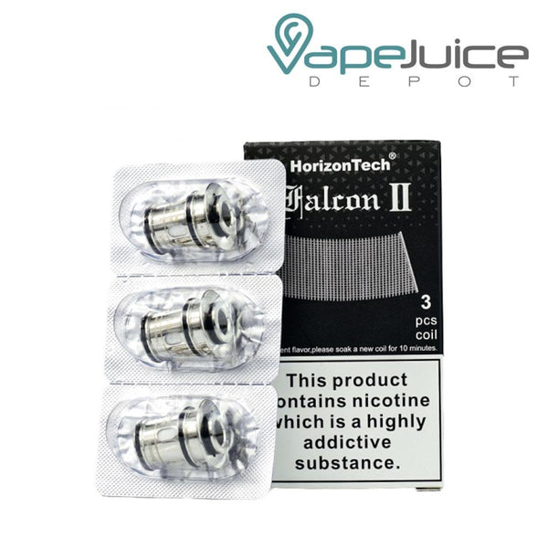 Three pack HorizonTech Falcon 2 Sector Mesh Coils and a box next to it - Vape Juice Depot