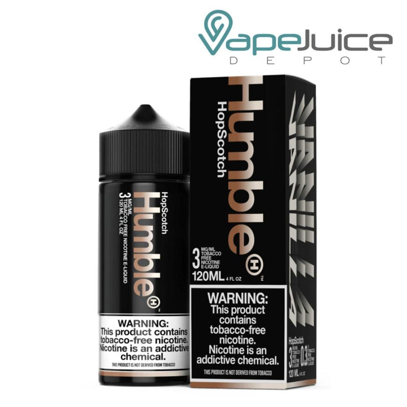 A 120ml 3mg bottle of Humble Hop Scotch TFN eLiquid with a warning sign and a box next to it - Vape Juice Depot