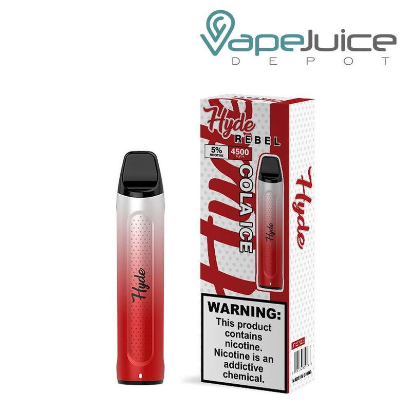 Cola Ice Hyde REBEL Recharge 4500 Disposable and a box with a warning sign next to it - Vape Juice Depot