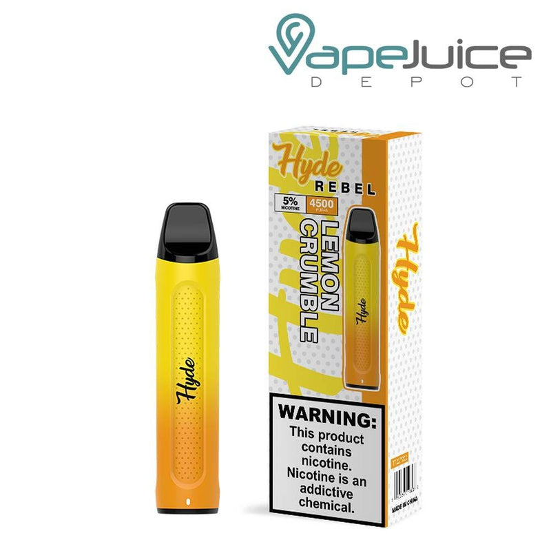 Lemon Crumble Hyde REBEL Recharge 4500 Disposable and a box with a warning sign next to it - Vape Juice Depot