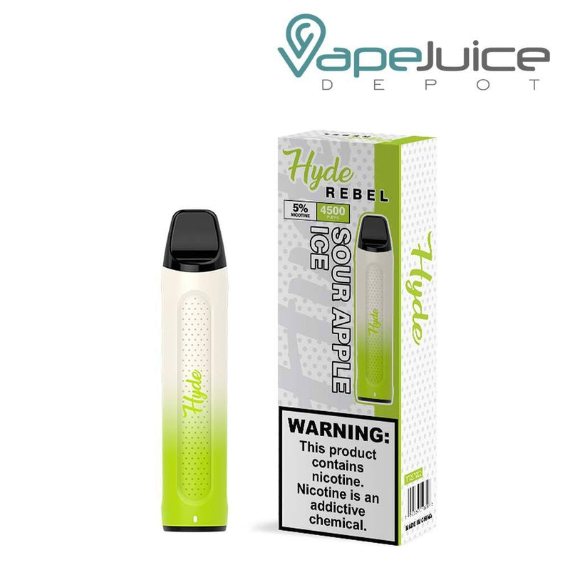 Sour Apple Ice Hyde REBEL Recharge 4500 Disposable and a box with a warning sign next to it - Vape Juice Depot