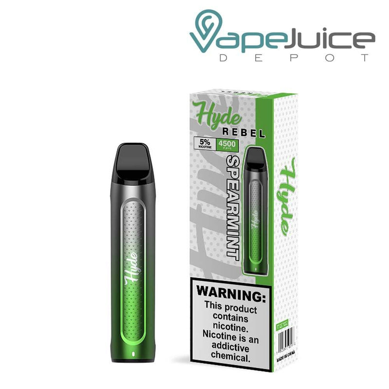 Spearmint Hyde REBEL Recharge 4500 Disposable and a box with a warning sign next to it  - Vape Juice Depot