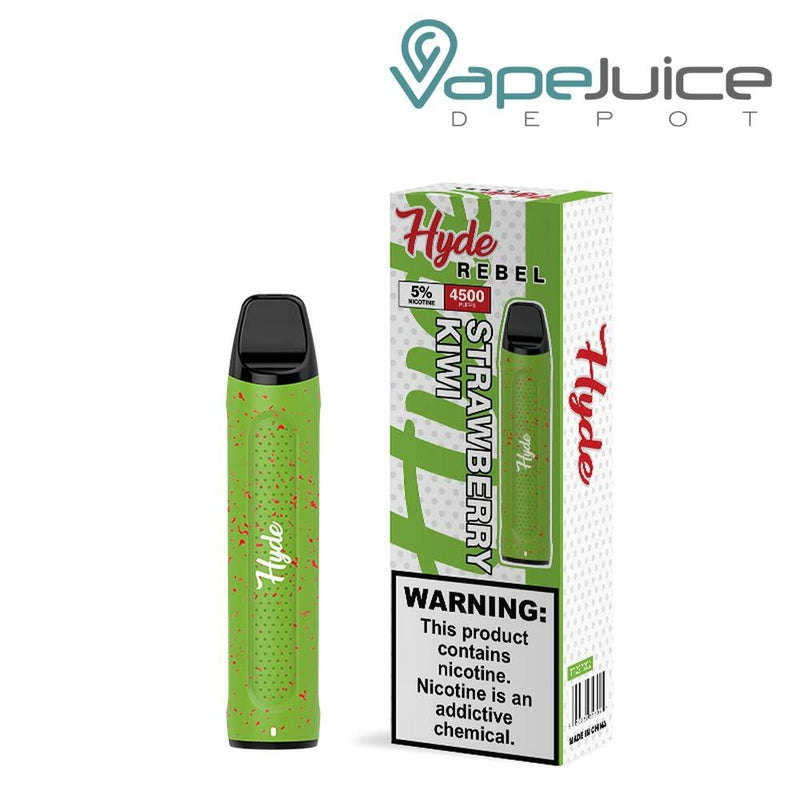 Strawberry Kiwi Hyde REBEL Recharge 4500 Disposable and a box with a warning sign next to it - Vape Juice Depot