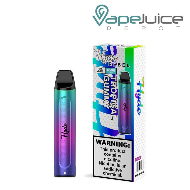 Tropical Gummy Hyde REBEL Recharge 4500 Disposable and a box with a warning sign next to it - Vape Juice Depot