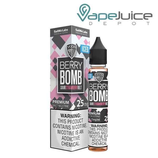 A box of Iced Berry Bomb VGOD SaltNic with a warning sign and a 30ml bottle next to it - Vape Juice Depot