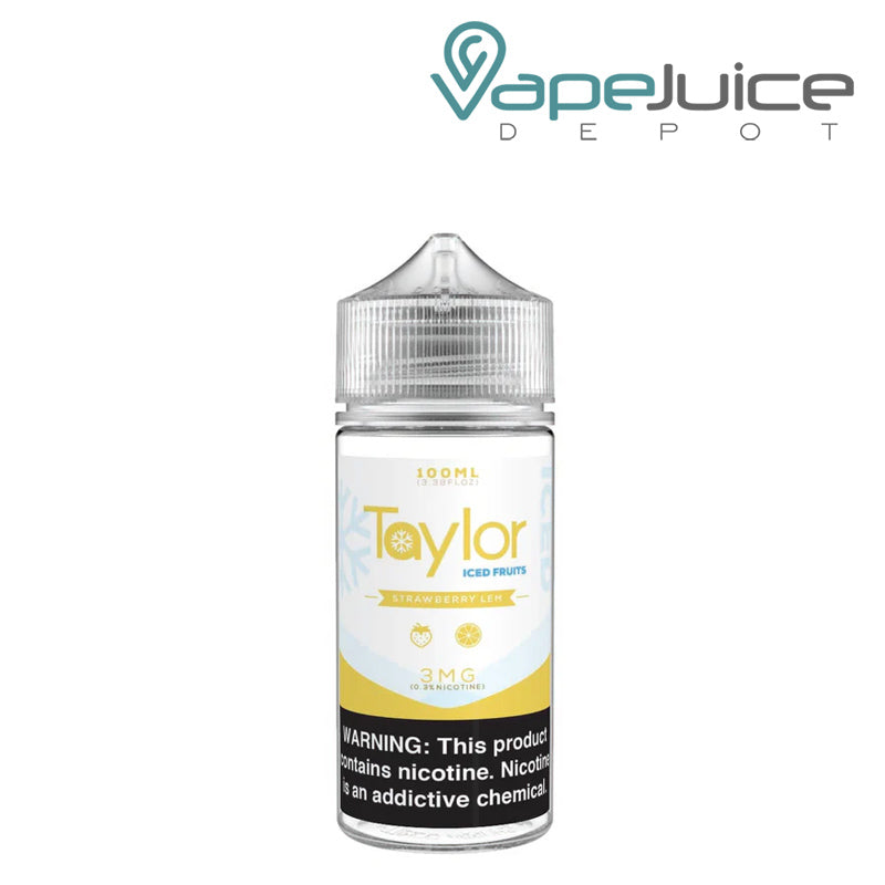 A 100ml bottle of ICED Strawberry Lem Taylor Fruits  with a warning sign - Vape Juice Depot