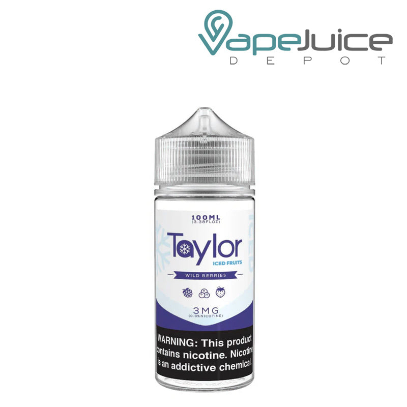 A 100ml bottle of ICED Wild Berries Taylor Fruits with a warning sign - Vape Juice Depot