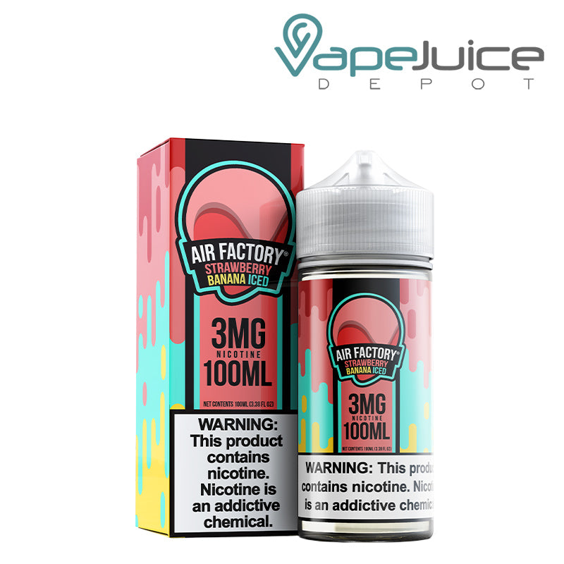 A Box of Iced Strawberry Banana Air Factory Synthetic 3mg with a warning sign and a 100ml bottle next to it - Vape Juice Depot
