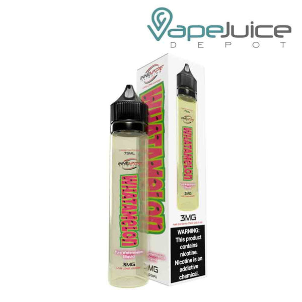 A 75ml bottle of Whatamelon Innevape eLiquid and a box with a warning sign next to it - Vape Juice Depot