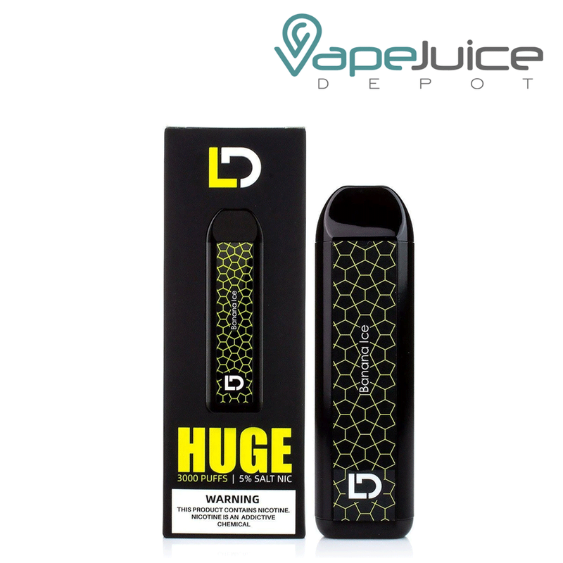 A box of Banana Ice LD HUGE Disposable vape with a warning sign and a disposable device next to it - Vape Juice Depot