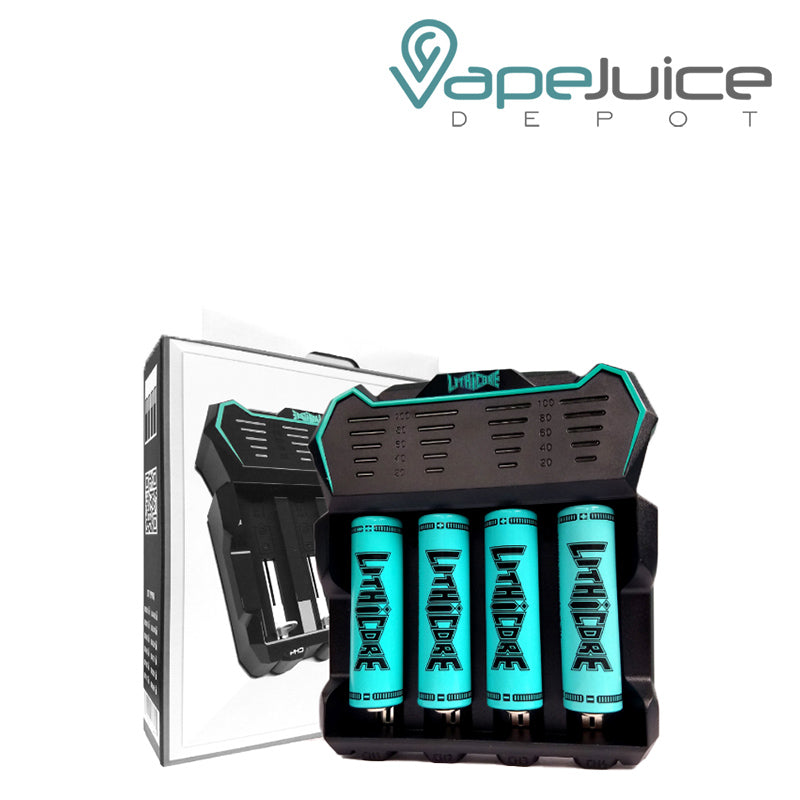 A box of 4-Bay LITHICORE EDGE Battery Charger and a charger next to it - Vape Juice Depot