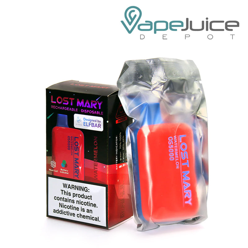 A box of LOST MARY OS5000 Disposable Vape with a warning sign and a device next to it - Vape Juice Depot
