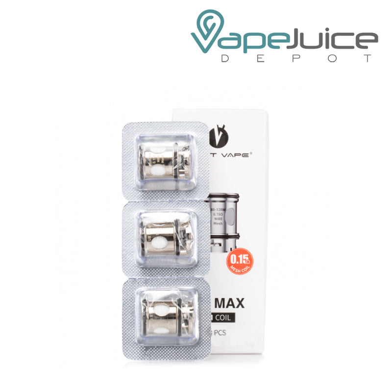 Three pack Lost Vape UB Max Replacement Coils 0.15ohm and a box next to it - Vape Juice Depot