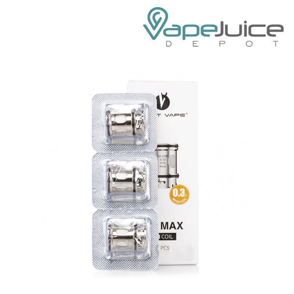 Three pack Lost Vape UB Max Replacement Coils 0.3ohm and a box next to it - Vape Juice Depot