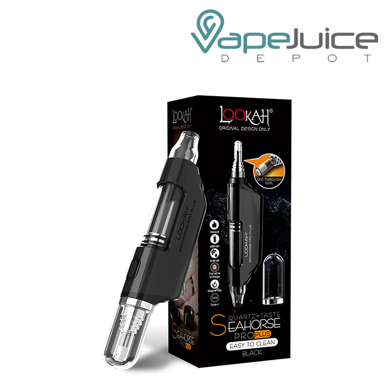 Black Lookah Seahorse Pro Plus and a box next to it - Vape Juice Depot