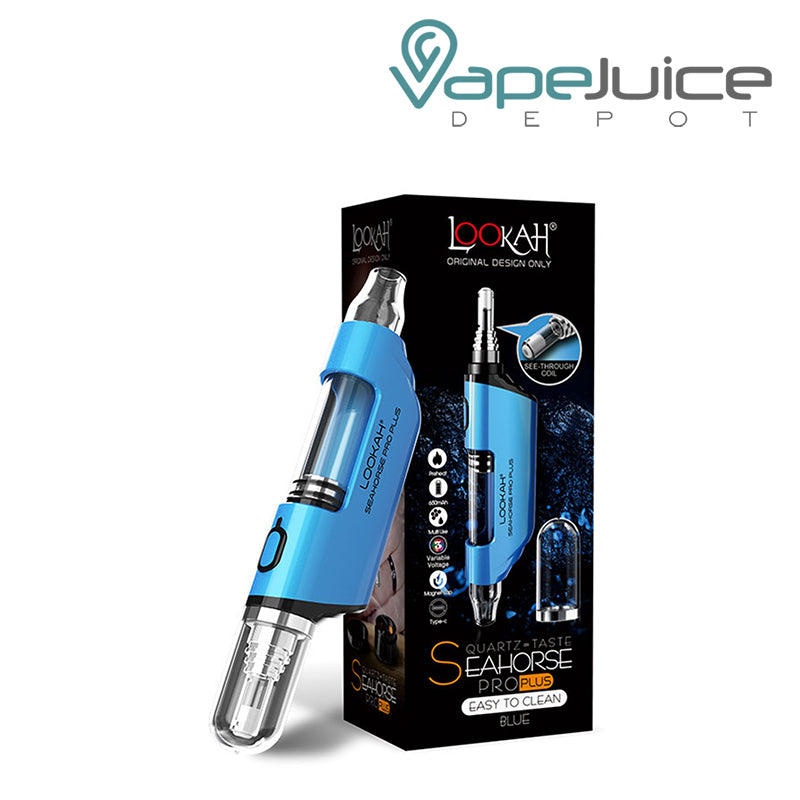 Blue Lookah Seahorse Pro Plus and a box next to it - Vape Juice Depot