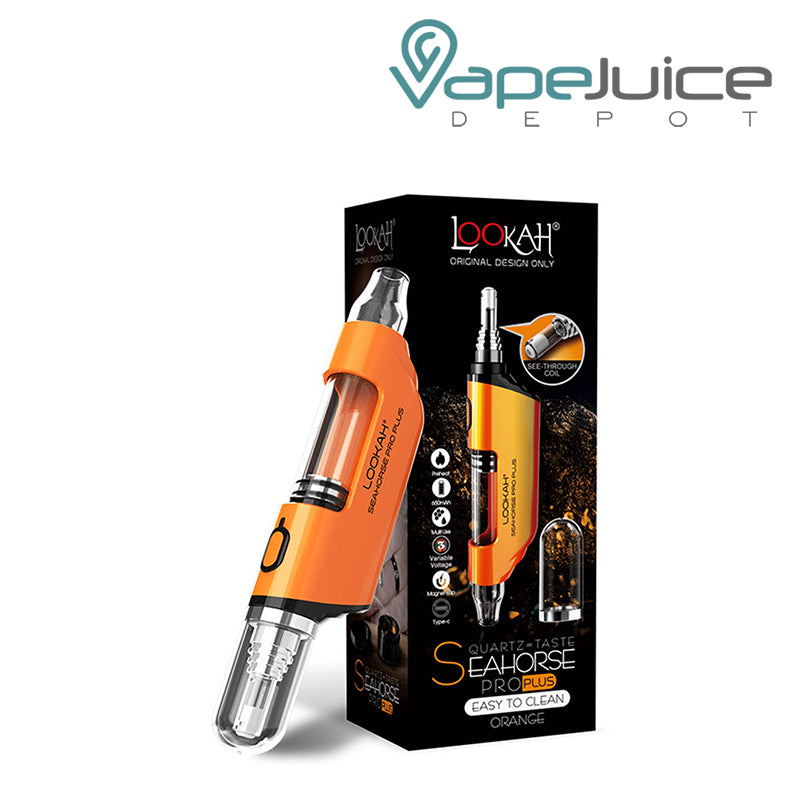 Orange Lookah Seahorse Pro Plus and a box next to it - Vape Juice Depot