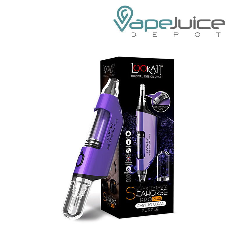 Purple Lookah Seahorse Pro Plus and a box next to it - Vape Juice Depot
