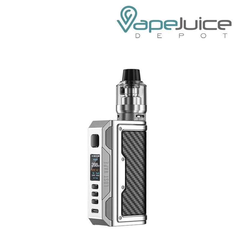 Carbon Fiber SS Lost Vape Thelema Quest 200W Starter Kit with a display screen, a firing button and two adjustment buttons - Vape Juice Depot