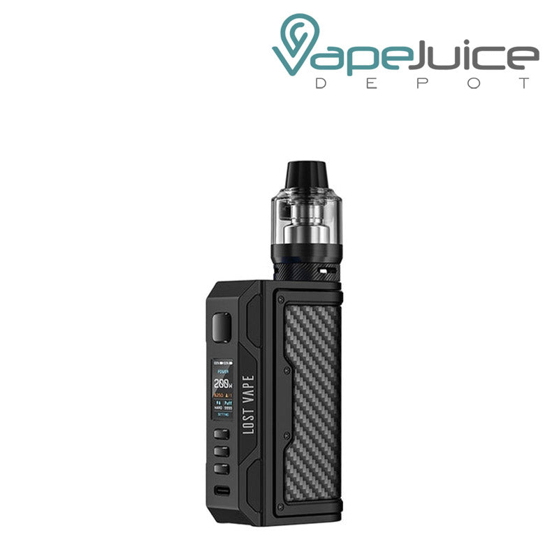 Carbon Fiber Black Lost Vape Thelema Quest 200W Starter Kit with a display screen, a firing button and two adjustment buttons - Vape Juice Depot