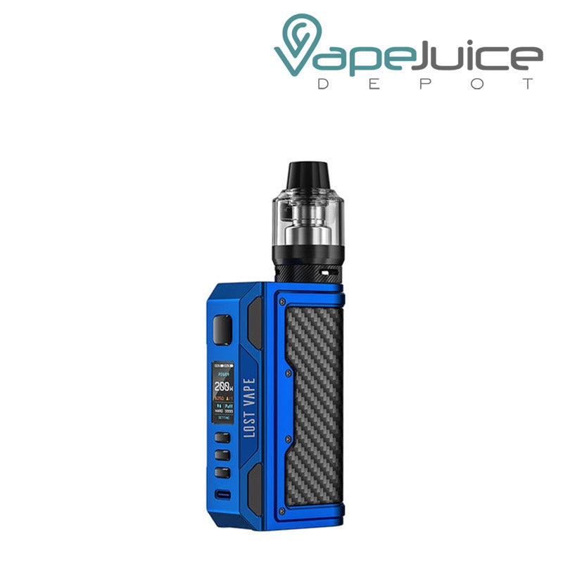 Carbon Fiber Matte Blue Lost Vape Thelema Quest 200W Starter Kit with a display screen, a firing button and two adjustment buttons - Vape Juice Depot