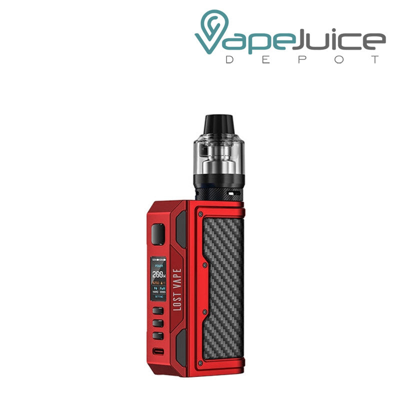Carbon Fiber Matte Red Lost Vape Thelema Quest 200W Starter Kit with a display screen, a firing button and two adjustment buttons - Vape Juice Depot