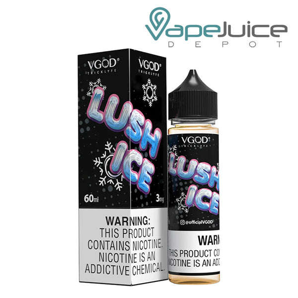 A box of Lush ICE VGOD eLiquid with a warning sign and a 60ml bottle next to it - Vape Juice Depot