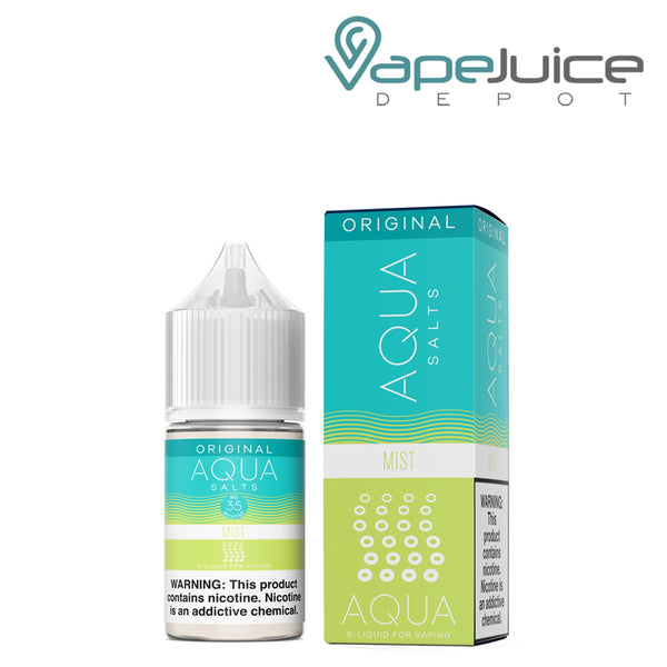 A 30ml bottle of MIST AQUA Synthetic Salts 35mg with a warning sign and a box next to it - Vape Juice Depot