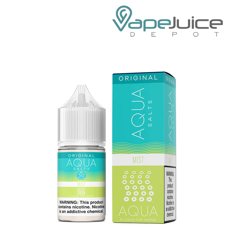 A 30ml bottle of MIST AQUA Synthetic Salts 50mg with a warning sign and a box next to it - Vape Juice Depot