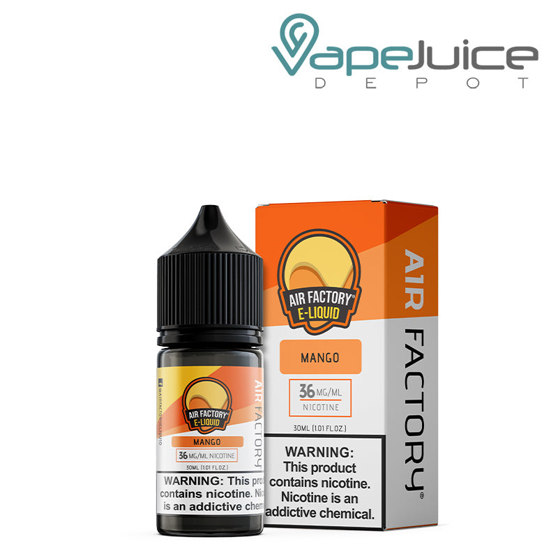 A 30ml bottle of Mango Air Factory Salts 36mg with a warning sign and a box next to it - Vape Juice Depot