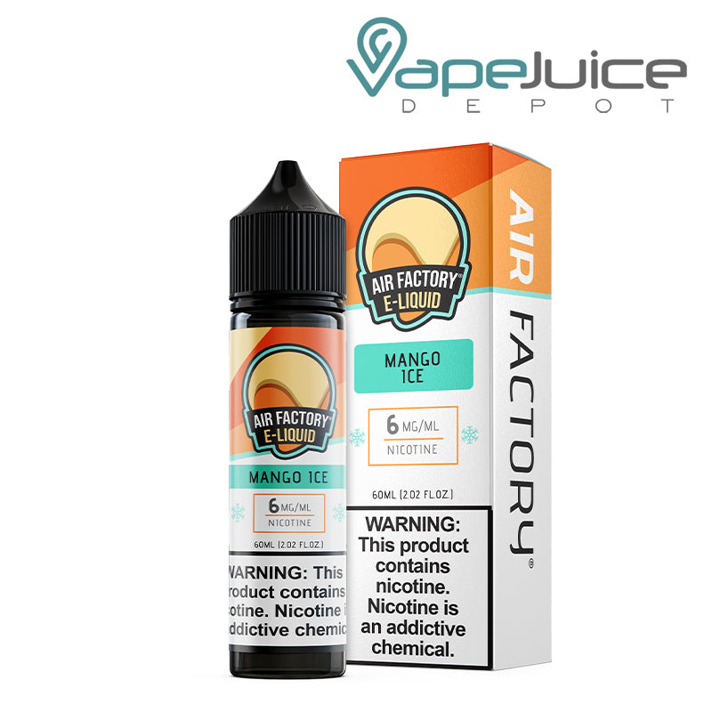 A 60ml bottle of Mango Ice Air Factory eLiquid 6mg with a warning sign and a box next to it - Vape Juice Depot