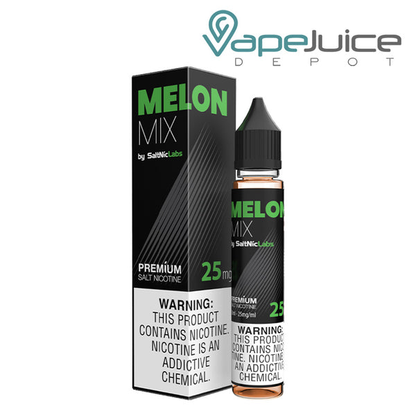 A box of Melon Mix VGOD SaltNic with a warning sign and a 30ml bottle next to it - Vape Juice Depot