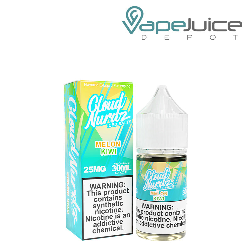 A Box of Kiwi Melon ICED TFN Salts Cloud Nurdz with a warning sign and a 30ml bottle next to it - Vape Juice Depot