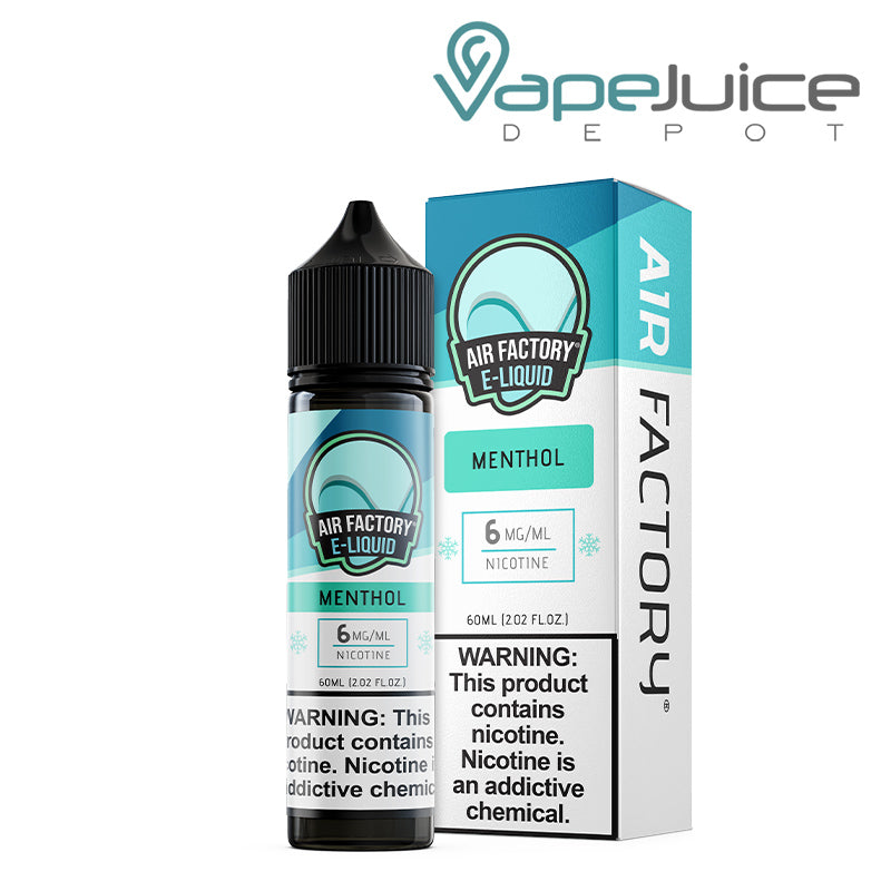A 60ml bottle of Menthol Air Factory eLiquid 6mg with a warning sign and a box next to it - Vape Juice Depot