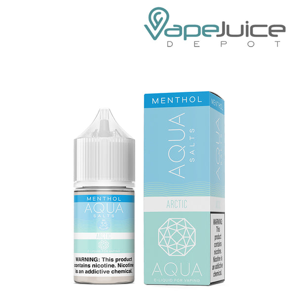 A 30ml bottle of Menthol Arctic AQUA Synthetic Salts 35mg with a warning sign and a box  next to it - Vape Juice Depot