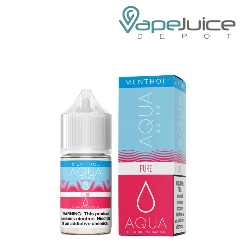 A 30ml bottle of Menthol PURE AQUA Synthetic Salts 35mg with a warning sign and a box next to it - Vape Juice Depot