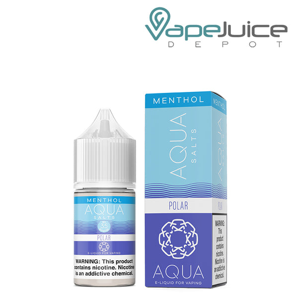 A 30ml bottle of Menthol Polar AQUA Synthetic Salts 35mg with a warning sign and a box  next to it - Vape Juice Depot