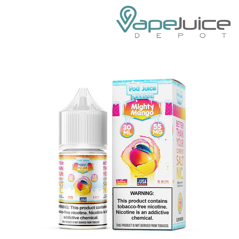 A 30ml bottle of Mighty Mango Freeze Pod Juice TFN Salt with a warning sign and a box next to it - Vape Juice Depot