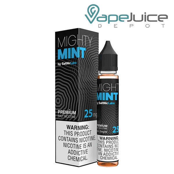 A box of Mighty Mint VGOD SaltNic with a warning sign and a 30ml bottle next to it - Vape Juice Depot
