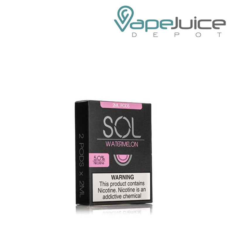 A box of SOL Watermelon Pods Mighty Vapors with a warning sign - Vape Juice Depot