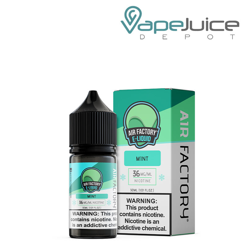 A 30ml bottle of Mint Air Factory Salts 36mg and a box next to it - Vape Juice Depot
