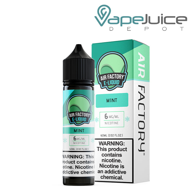 A 60ml bottle of Mint Air Factory eLiquid 6mg with a warning sign and a box next to it - Vape Juice Depot
