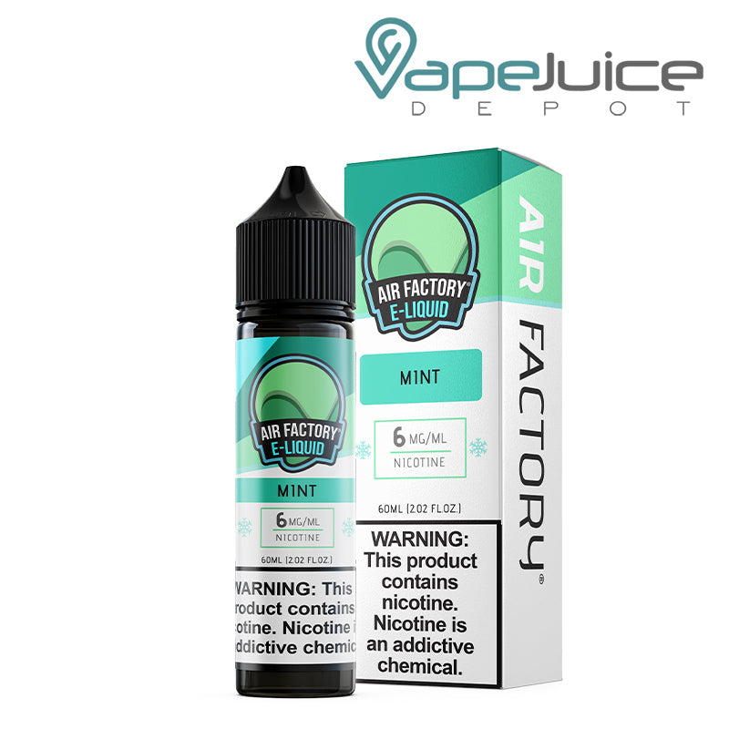 A 60ml bottle of Mint Air Factory eLiquid 6mg with a warning sign and a box next to it - Vape Juice Depot