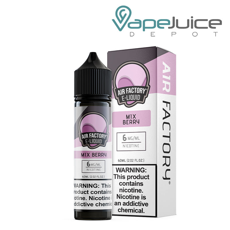 A 60ml bottle of Mix Berry Air Factory eLiquid 6mg with a warning sign and a box next to it - Vape Juice Depot