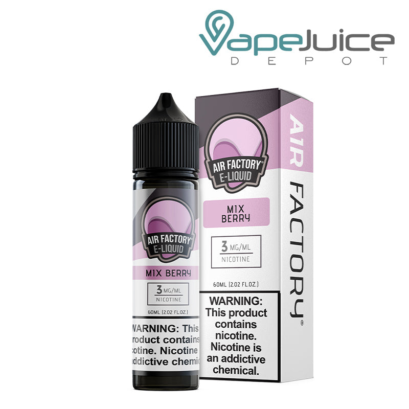 A 60ml bottle of Mix Berry Air Factory eLiquid 3mg with a warning sign and a box next to it - Vape Juice Depot