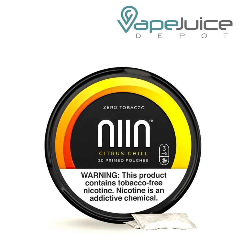 Citrus Chill NIIN Zero Tobacco Pouches with a warning sign - Vape Juice Depot