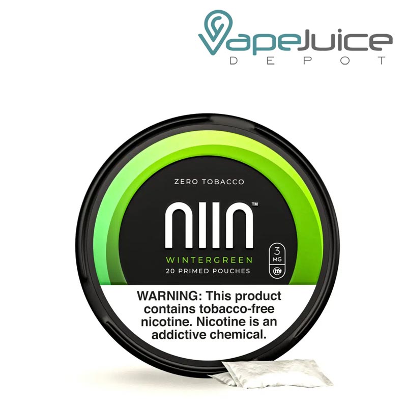 Wintergreen NIIN Zero Tobacco Pouches with a warning sign - Vape Juice Depot