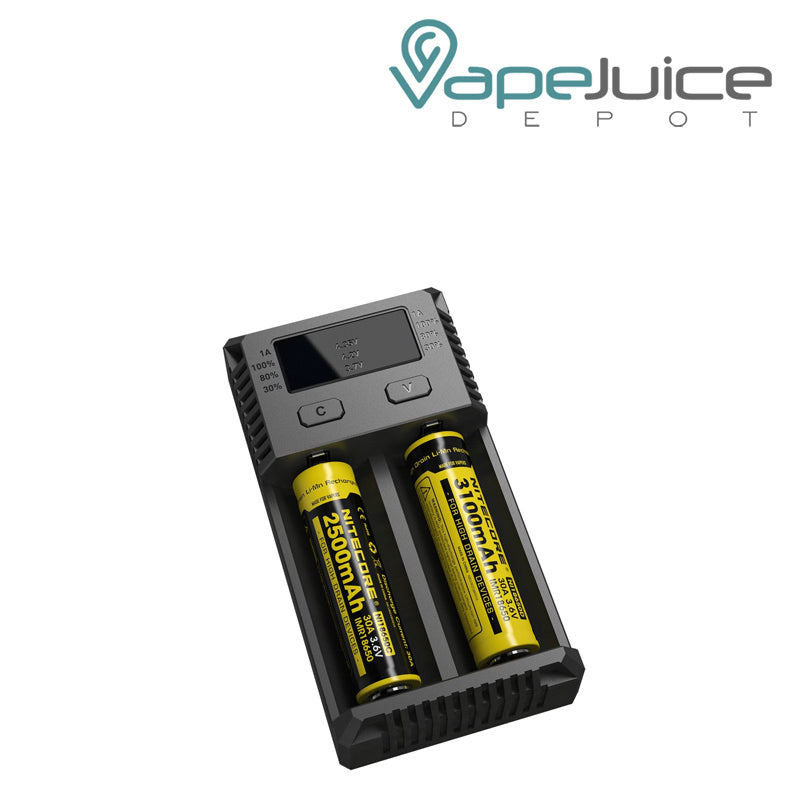 A NITECORE Intellicharger NEW i2 Battery Charger with batteries inside - Vape Juice Depot