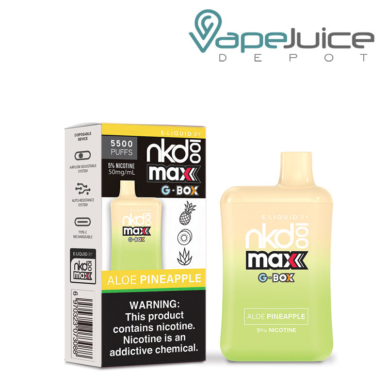 A box of NKD 100 Max G-Box Disposable Aloe Pineapple with a warning sign and  a disposable next to it - Vape Juice Depot